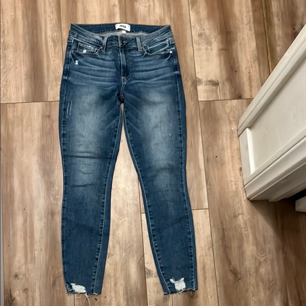 PAIGE Blue Skinny Jeans with Distressed Hem